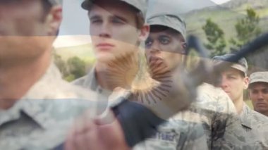 Animation of flag of argentina over diverse male soldiers. Patriotism, army and national defense concept digitally generated video.