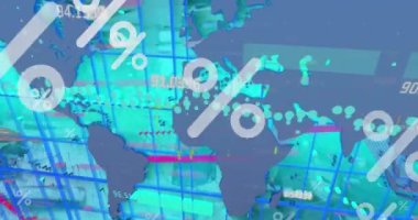 Animation of percents, world map and graphs over green digital screen. Finance, economy, communication, business and technology concept digitally generated video.