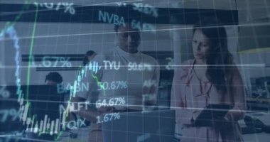 Animation of financial data and graphs over diverse female coworkers in office. Business, finance, economy and cooperation concept digitally generated video.