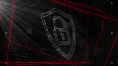 Kırmızı çizgili siyah dijital ekran animasyonu ve asma kilitli dijital kalkan. Dijital güvenlik, dijital arayüz, veri işleme ve teknoloji konsepti dijital olarak oluşturuldu.