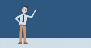 Animation of caucasian businessmen making presentation with speech bubble over blue background. Communication and business concept digitally generated video.