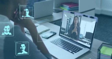 Animation of user photos over african american woman having video call on laptop. Social media, business, finance, economy and technology concept digitally generated video.