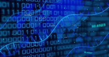 Karanlık arka planda tıbbi veri işleme animasyonu. Küresel tıp, teknoloji, veri işleme ve dijital arayüz kavramı dijital olarak oluşturulmuş video.