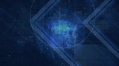 Parlayan bağlantıların ve parlayan mavi arka planda dönen dünyanın animasyonu. Dijital olarak oluşturulan küresel bağlantılar ve veri işleme kavramı.