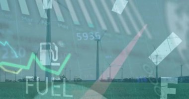 Rüzgar türbinleri üzerinde veri işleme animasyonu. Küresel ekoloji ve dijital arayüz kavramı dijital olarak oluşturulmuş video.