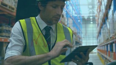 Animation of data processing over caucasian male worker using tablet in warehouse. Global shipping, computing and digital interface concept digitally generated video.