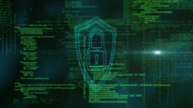 Siyah arka planda veri işleme ve asma kilit animasyonu. küresel iş ve dijital arayüz kavramı dijital olarak oluşturulmuş video.