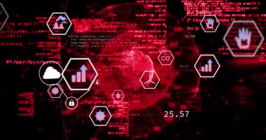 Medya simgeleri üzerinde veri işleme ve küre animasyonu. Küresel iş ve dijital arayüz kavramı dijital olarak oluşturulmuş video.