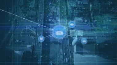 Animation of network of connections over cityscape. Global network, connections and technology concept digitally generated video.