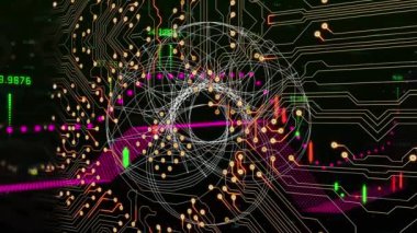 Şekiller üzerinde finansal verilerin ve grafiklerin animasyonu ve siyah arkaplan üzerinde entegre devre. Veri işleme, küresel ağ, bağlantılar ve teknoloji konsepti dijital olarak oluşturulmuş video.