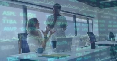 Animation of stock market over diverse business people. Global business, computing and digital interface concept digitally generated video.