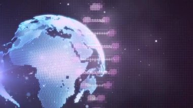Siyah arka planda DNA ipliği üzerinde veri işlemesi olan dünyanın animasyonu. Küresel teknoloji, bilgisayar ve dijital arayüz kavramı dijital olarak oluşturulmuş video.
