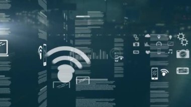 Şehir manzarası üzerinde veri işleme animasyonu. küresel iş ve dijital arayüz kavramı dijital olarak oluşturulmuş video.