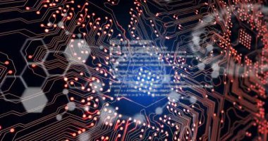 Entegre devre animasyonu ve siyah arkaplan üzerine bilimsel veriler. Bilgisayarlar, teknoloji, bağlantılar ve dijital olarak oluşturulmuş veri işleme konsepti.