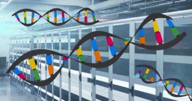 Sunucu odasında tıbbi veri işleme animasyonu. Küresel tıp, teknoloji, veri işleme ve dijital arayüz kavramı dijital olarak oluşturulmuş video.