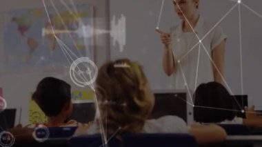 Animation of network of connections over students using computers. Global education digital interface technology and networking concept digitally generated video.