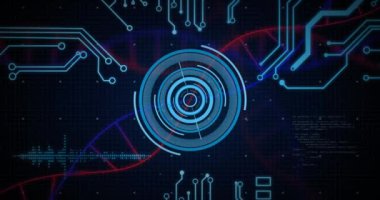 Karanlık arka planda tıbbi veri işleme animasyonu. Küresel tıp, teknoloji, veri işleme ve dijital arayüz kavramı dijital olarak oluşturulmuş video.