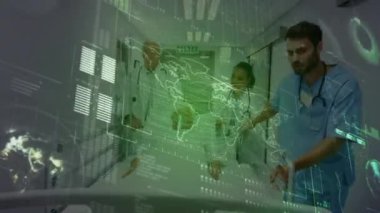 Animation of world map and data processing over diverse doctors running on corridor. Health, medicine and technology concept digitally generated video.