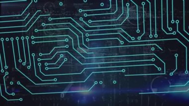 Animation of integrated circuit over data processing on black background. Global network, computers, data processing and technology concept digitally generated video.