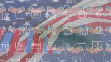 Animation of business icons over flag of usa and padlock. Global business, patriotism and digital interface concept digitally generated video.