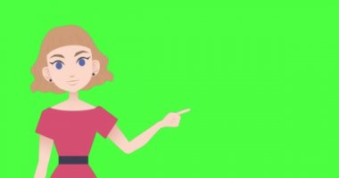 Animation of illustration of caucasian woman talking and gesturing with copy space on green screen. Character and movement concept digitally generated video.