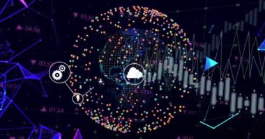 Dünya üzerinde ikonlarla veri işleme animasyonu. Küresel iş ve dijital arayüz kavramı dijital olarak oluşturulmuş video