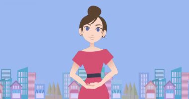 Animation of caucasian businesswoman making presentation over cityscape. Communication and business concept digitally generated video.