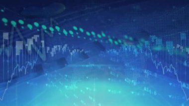 Animation of graphs and data over world map and blue background. Global finance and economy concept digitally generated video.