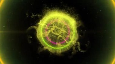 Animation of glowing yellow ball and pink circle over black background. Science week, data processing concept digitally generated video.