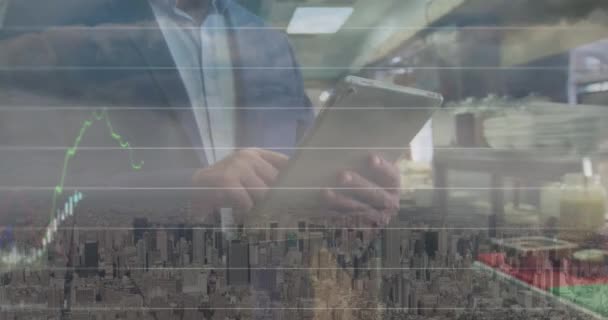 Animation Financial Data Graphs Caucasian Businessman Using Tablet Global Communication — Vídeo de stock