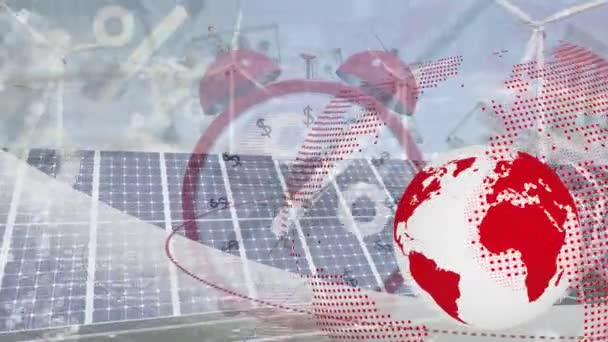 Animation Globe Wind Turbines Percents Clock Solar Panels Global Eco — стоковое видео