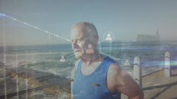 Animation Connections Senior Caucasian Man Running Sport Fitness Activer Lifestyle — стоковое видео