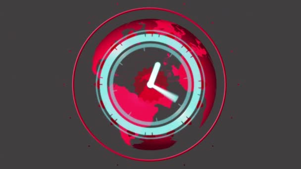 Animation Clock Moving Fast Red Pattern Globe Grey Background Global — Vídeos de Stock