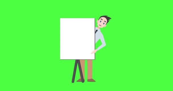 Animace Ilustrace Bělocha Bílou Tabulí Mluvící Kopírovacím Prostorem Zelené Obrazovce — Stock video