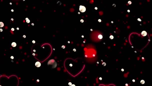 Animation Falling Red Heart Glowing Spots Black Background Valentine Day – Stock-video