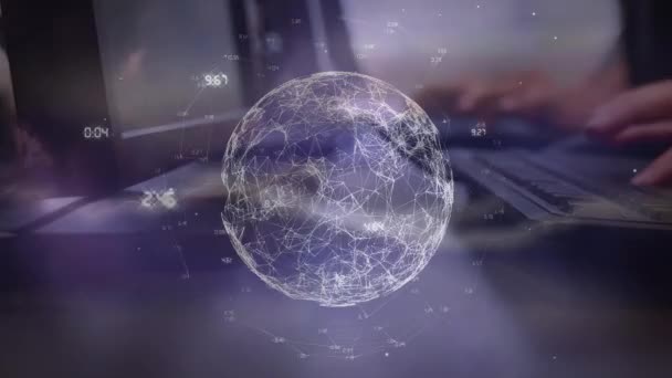 Animation of globe with network of connections over warehouse. Global networking and technology concept.