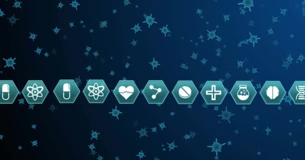Animation Hexagons Scientific Icons Blue Cells Navy Background Human Biology — Vídeo de Stock