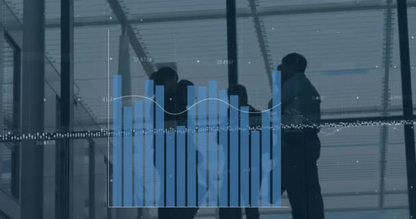 Animation Diverse Graphs Businesspeople Silhouettes Building Global Finance Business Economy — Vídeo de Stock