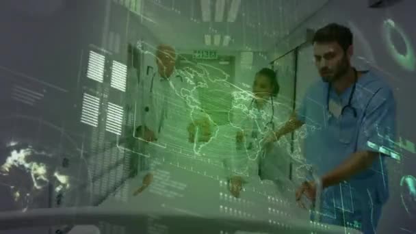 Animation World Map Data Processing Diverse Doctors Running Corridor Health — Vídeos de Stock