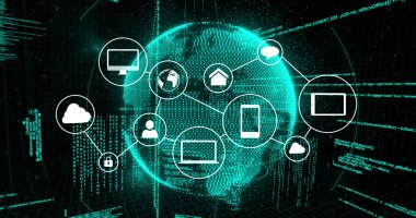 Dijital simge ağının resmi ve dönen dünya üzerinde veri işleme ile bağlantıları. Küresel bağlantılar, dijital dünya ve dijital arayüz konsepti dijital olarak oluşturulmuş görüntü.