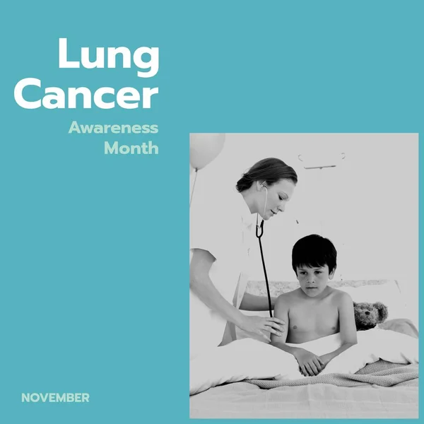 Bild Lungcancer Medvetenhet Månad Över Kaukasisk Kvinnlig Läkare Kontroll Pojke — Stockfoto