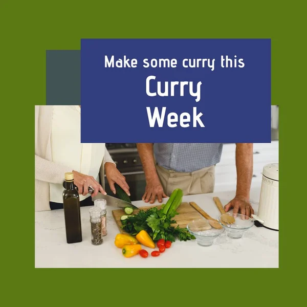 Mutfakta Melez Bir Çiftin Yemek Pişirmesi Üzerine Köri Haftası Görüntüsü — Stok fotoğraf
