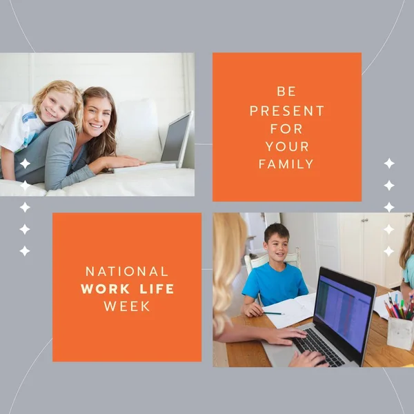 Composition of national work life week text with diverse people using laptops on grey background. National work life week and celebration concept digitally generated video.