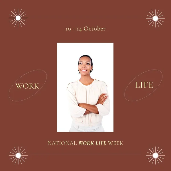 Composition of national work life week text with african american woman on brown background. National work life week and celebration concept digitally generated image.