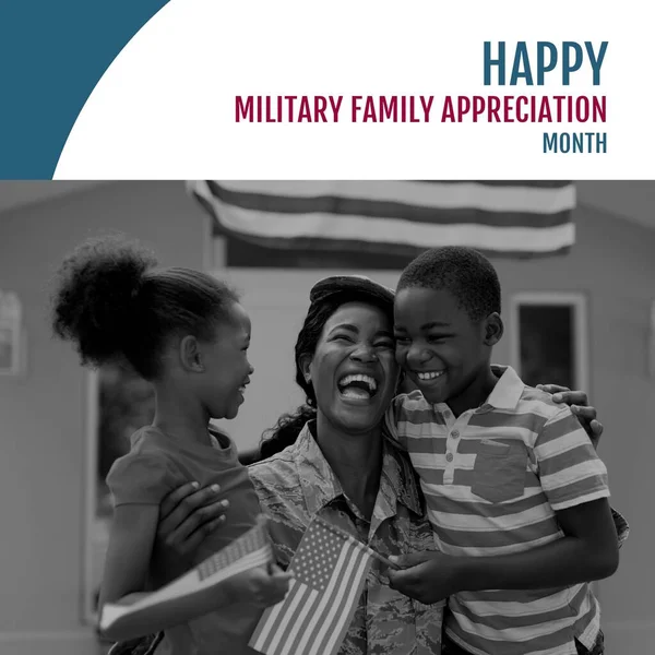 Image of military family appreciation month over happy african american soldier mother and kids. Military, army, soldiers and american patriotism concept.