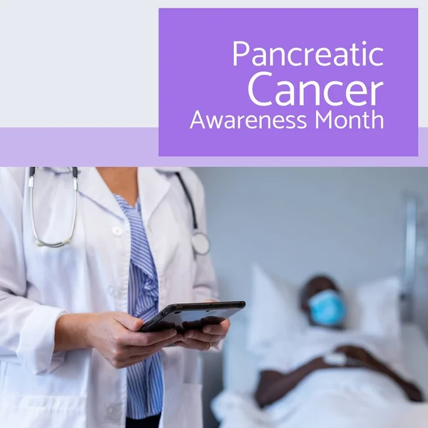 Composition of pancreatic cancer awareness month text with diverse doctor and patient. Pancreatic cancer awareness month and celebration concept digitally generated image.