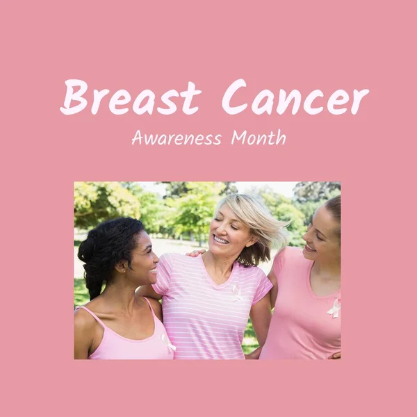 Beeld Van Borstkanker Bewustzijn Maand Roze Achtergrond Diverse Vrouwelijke Vrienden — Stockfoto