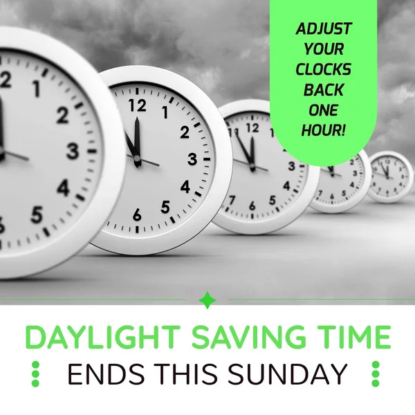 Composition of end of daylight saving time text over clocks. End of daylight saving time concept digitally generated image.