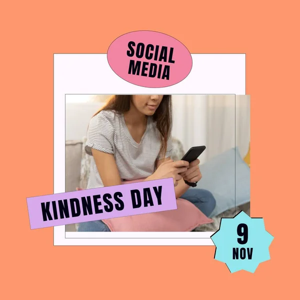 Composition Social Media Kindness Day Texts Caucasian Woman Using Smartphone — Stock Photo, Image