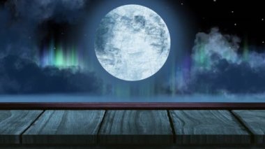 Dolunay ve kuzey ışıklarının ahşap iskelede canlanması. Doğal fenomen, gece ve peyzaj konsepti dijital olarak oluşturulmuş video.